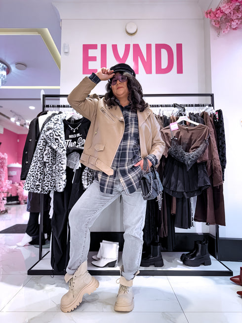 Oversize, leather imitation jacket with belt PU28 - cappuccino